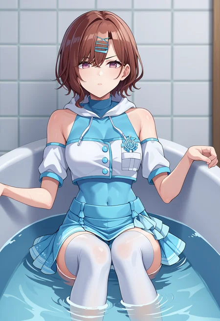score_9, score_8_up, score_7_up, BREAK source_anime, 1girl, higuchi madoka, short hair, brown hair, x hair ornament, purple eyes, blue shirt, cropped jacket, off shoulder, blue skirt, white thighhighs, serious, blurry foreground, bathtub <lora:brj-madoka-pony-v0.5:1>