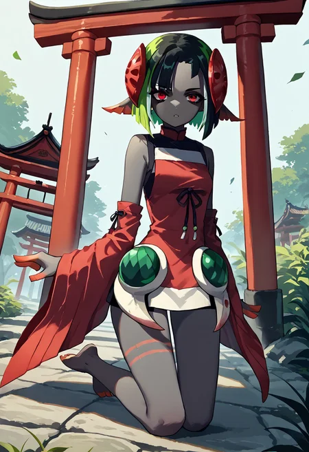 score_9, score_8_up, score_7_up, source_anime, 1girl, full body, looking at viewer, parted lips, colored skin, red eyes, multicolored hair, green hair, black hair, short hair, hair ornament, magatama, short dress, multicolored dress, red dress, detached sleeves, bare shoulders, barefoot, torii, japanese architecture