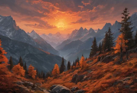 Beautiful outdoor, nature, no humans, mountain, orange sky forest, masterpiece, sharp focus, fall season, photorealistic rendering, extremely detailed description, <lora:zavy-mthcl-sdxl:0.5> <lora:Detailed_notrigger:1> <lora:Wildcard-Detail_Enhancer:1>