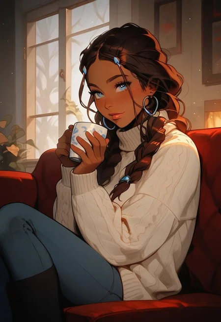 score_9, score_8_up, score_8_up,
1girl, ((Katara, dark skin, dark hair, blue eyes, braids, small perky breasts, perfect eyes, pretty eyes, white winter sweater, sweater, jeans, no boots, black socks, no cap)),
Sitting on red couch in cozy living room, from side, happy, looking at cup in her hand, (holding steaming tee cup in both hands:1.4), enjoying cup of tea, feet on couch,
cold winter night, warm frontal light, warm light, full body visible, wide shot, Expressiveh