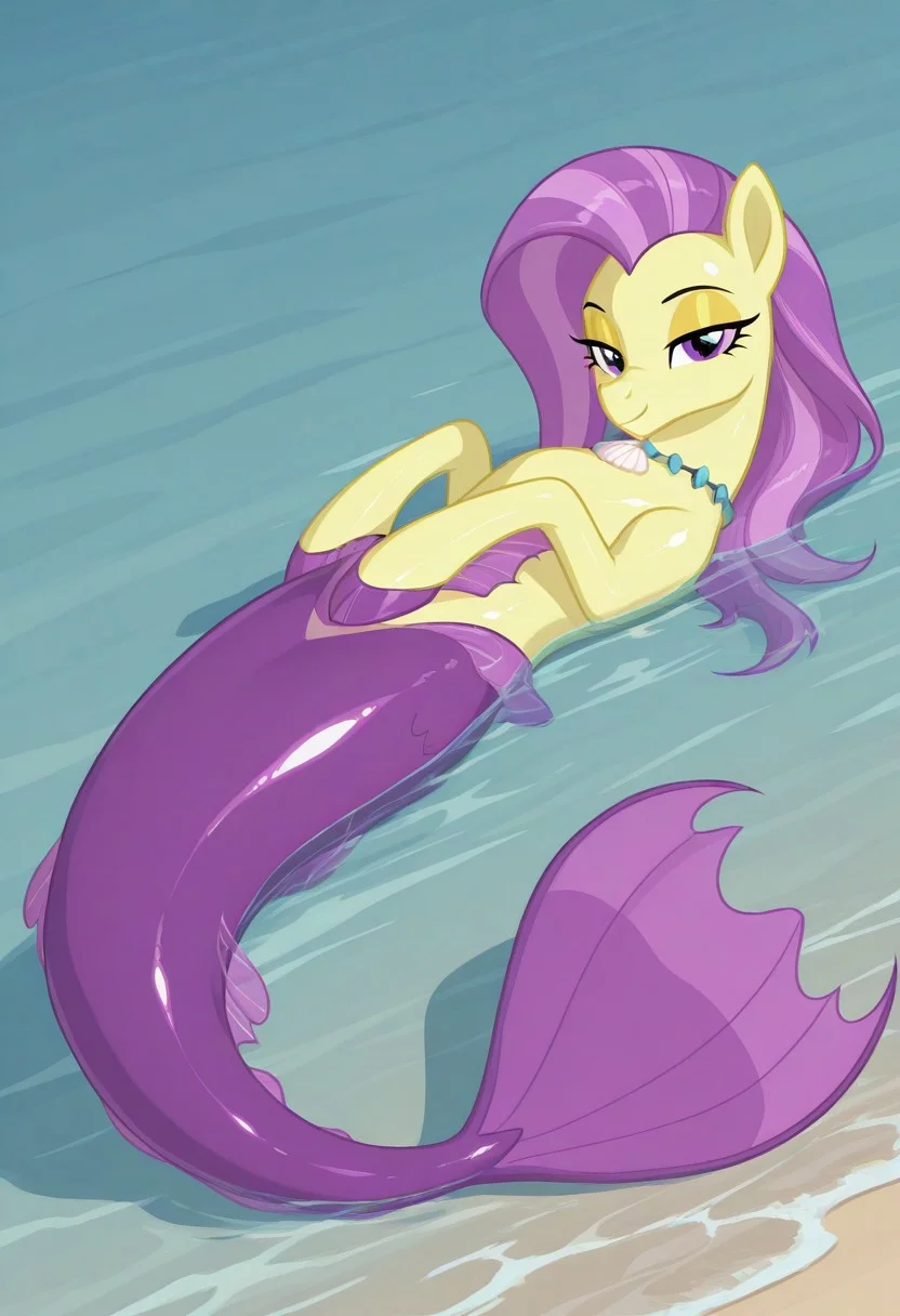 (masterpiece:1.2), (best quality:1.2), (very aesthetic:1.2), (absurdres:1.2), (detailed background), newest, sharp focus, perfect light, dynamic light, natural light, (best quality), my little pony, ocean flow, solo, water, purple eyes, 1girl, shell necklace, jewelry, no humans, purple hair, yellow skin, fins, looking at viewer, lidded eyes, yellow eyeshadow, dutch angle, shiny skin, glossy skin, shiny hair, glossy hair, full body, lying on back, beach, in water, siren, hippocampus, mermaid tail