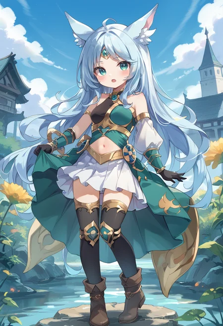 (score_9:0.9),score_8_up,score_7_up,rating_safe,anime style,(zPDXL),<lora:Apollousa, Bow of the Goddess ponyXL v1:0.76>,chibi,apollousa bow of the goddess,1girl,black boots,black elbow gloves,looking at viewer,blush,solo,open mouth,green dress,black thighhighs,forehead jewel circlet,outdoors,