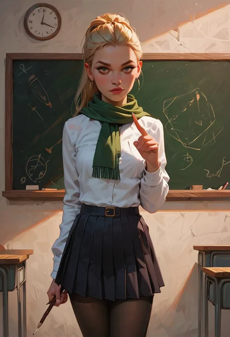 score_9_up, score_8_up, score_7_up, score_9_up, score_8_up, score_7_up, best quality, ultra highres, Casual, Expressiveh, g0thicPXL, fFaceDetail,
indoor, classroom, school,
BREAK
1 blonde woman, teacher, long hair, ponytail, confident face, 25 years old, slender, small breasts, pleated skirt, black skirt, white dress shirt, green scarf, black pantyhose, looking at viewer,
standing at chalk board, long pointing stick in hand, chalk in hand,
original, perfect lighting, realistic skin, close up,