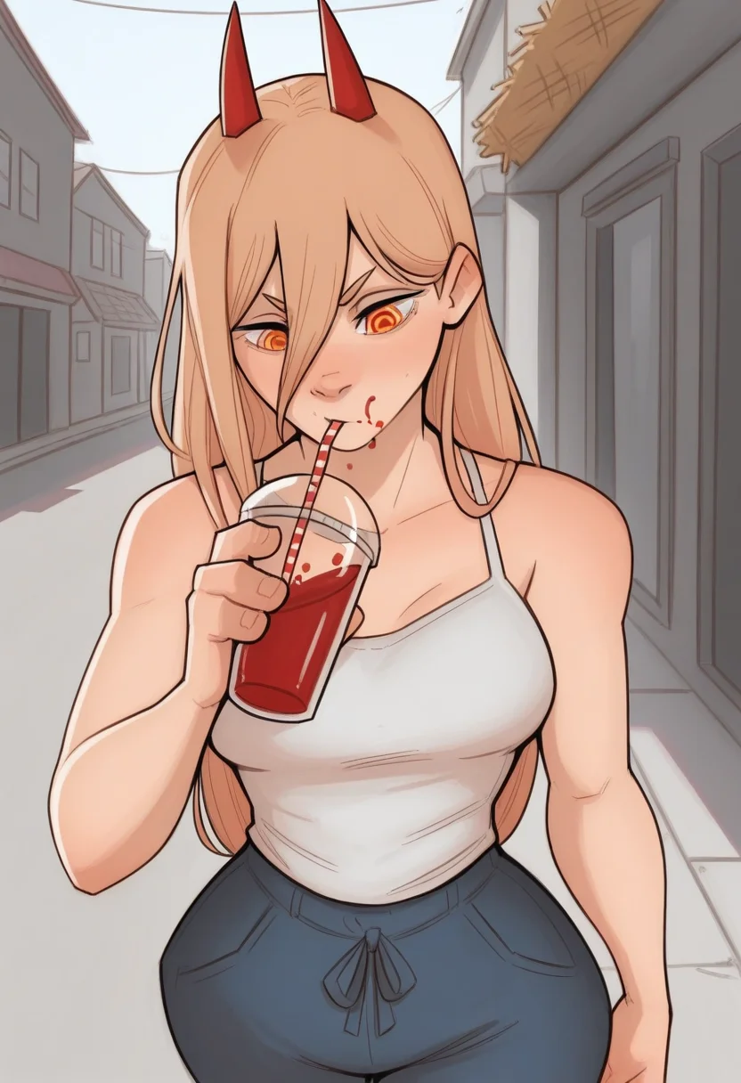 w311ingt0n, masterpiece, best quality, solo,                                                                                                                              power \(chainsaw man\),  red horns, drinking blood smoothie, straw, street,