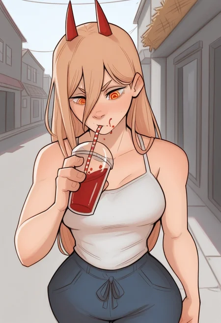 w311ingt0n, masterpiece, best quality, solo, power \(chainsaw man\), red horns, drinking blood smoothie, straw, street,