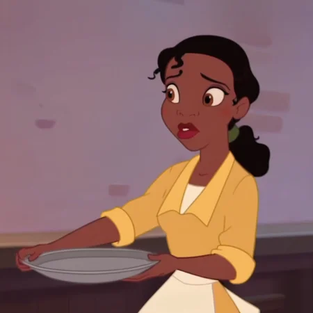 Tiana, 2D, cartoon, screencap, solo, full body, full shot, female, African-American, woman, tall and slender, sculpted figure, medium-length, wavy, black hair usually tied in a low ponytail, dark red lips, rosy cheeks, Nubian nose, light brown eyes with pink eye shadow, a bright smile, dimples, yellow dress over a white shirt, a white apron, and the same brown shoes,