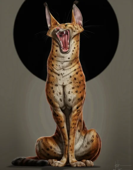 Art by Jean-Baptiste Vendamme. A digital illustration shoot from a frontal camera angle about a stylized caracal cat with a playful expression, sitting in front of a large black circle. the image also shows a simple gradient background with a black circle in the background. on the middle of the image, a full-body shot of a caracali cat, who appears to be sitting on its hind legs, looking up at the viewer with its mouth open and its tongue out, showing its sharp teeth and green eyes. the cat is positioned in the center of the frame, with its full body facing the viewer and its tail curled around its body. its fur is a mix of brown and white, with a fluffy texture, and its ears are perked up, giving it a curious expression.