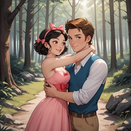 masterpiece, best quality, score_9, break. Ella_X_Topher, (1boy, Topher, Brown hair), break, (1girl, Ella, Black hair, hair bow), hug, forest, natural lighting