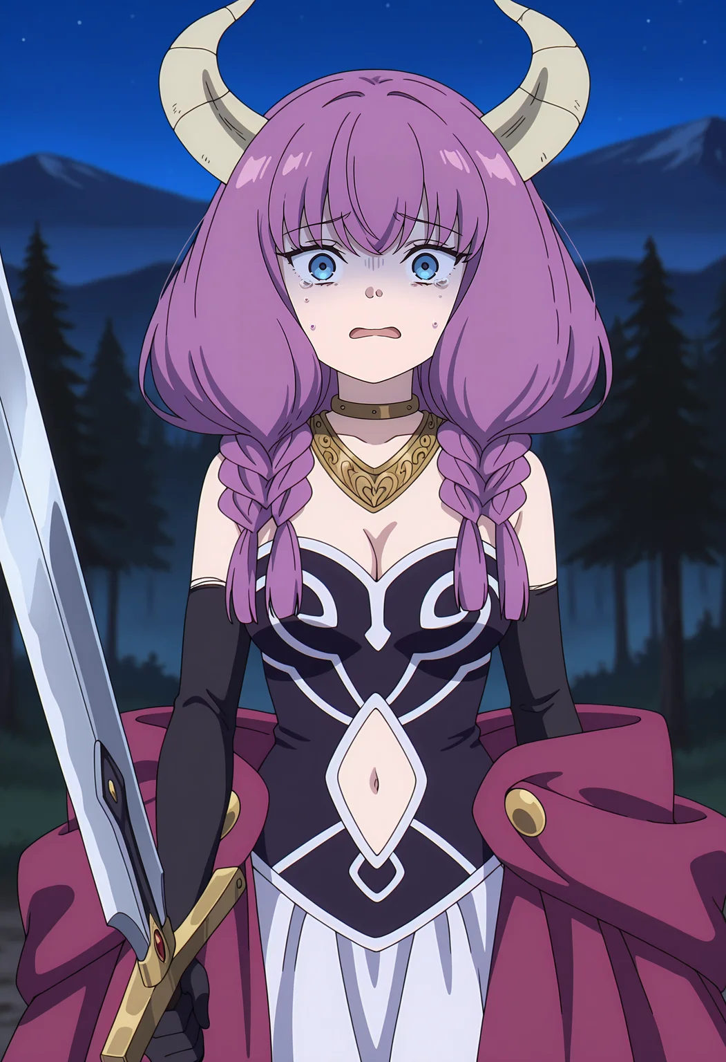 anime screencap, masterpiece, best quality,
<lora:SousouNoFrieren_Aura_IlluXL:0.9>,
1girl, solo, tearing up, scared,
purple hair, low-braided long hair, blue eyes, demon horns,
AuraSSnF, neck ring, necklace, black corset, medium breasts, cleavage, navel cutout, white skirt, overskirt, purple skirt, elbow gloves, black gloves,
holding sword,
standing, looking at viewer, cowboy shot,
night, forest, mountainous horizon, night sky, blurry background