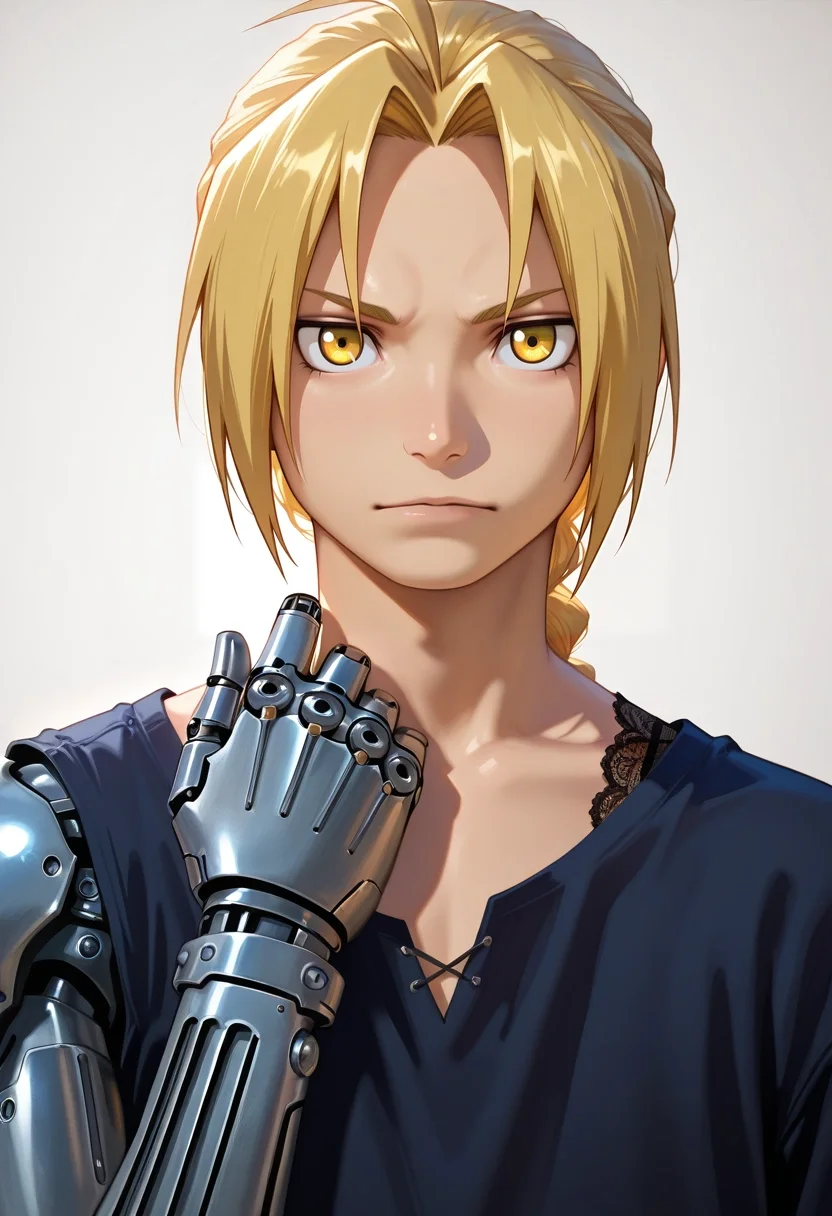 masterpiece, best quality, intricate details, (photorealistic:0.6), looking at viewer, 1boy, solo, male focus, <lora:edward_elric_ilxl:0.94>, edward_elric, blonde hair, yellow eyes, , single mechanical arm, aged up, ,