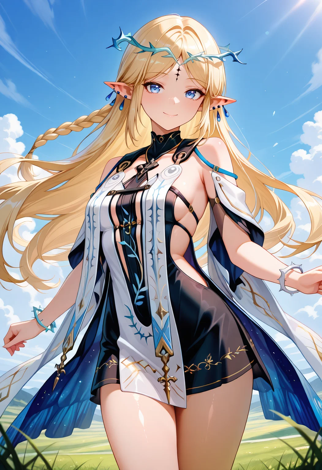 lazypos_1371818
field, grass, nature, blue sky, floating hair, (dynamic pose:1.2), shiny skin,
cowboy shot, smile, standing, looking at viewer,
<lora:CartethyiaRV2-08:1> cartethyiarv2, 1girl, long hair, blonde hair, jewelry, bare shoulders, pointy ears, sidelocks, white tabard, tabard, stole, undersuit, blue earrings, multiple earrings, crown of thorns, blue eyes, earrings, parted bangs, elf, dress, very long hair, bracelet, circlet, forehead mark, bright pupil, loosely tucked bangs, hair behind ear, braid, facial mark, black dress, white bracelet,
