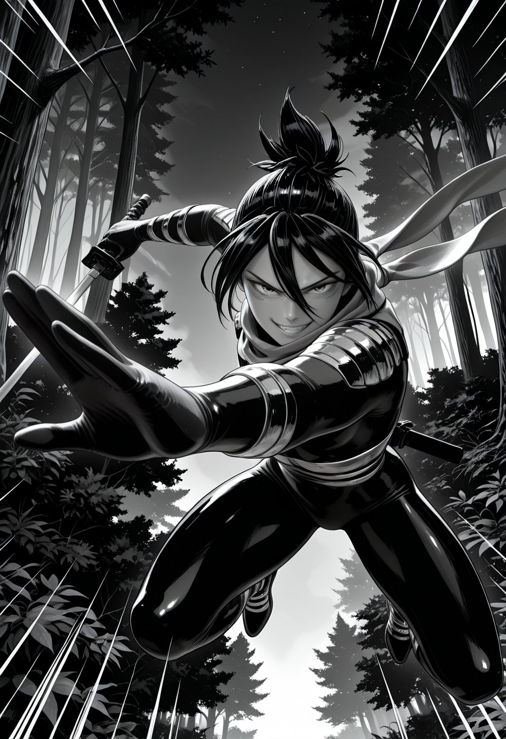 SmoothNoob_Quality, (Murata Yuusuke:1.5), manga style, (greyscale:1.1), 1boy, onsoku_no_sonic, evil grin, facial mark, folded ponytail, bodysuit, scarf, hair between eyes, holding sword, night sky, forest, looking at viewer,  fighting stance, emphasis lines, trees, midair,  full body, foreshortening,  <lora:Sonic:1>