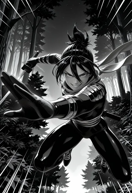 SmoothNoob_Quality, (Murata Yuusuke:1.5), manga style, (greyscale:1.1), 1boy, onsoku_no_sonic, evil grin, facial mark, folded ponytail, bodysuit, scarf, hair between eyes, holding sword, night sky, forest, looking at viewer, fighting stance, emphasis lines, trees, midair, full body, foreshortening, <lora:Sonic:1>