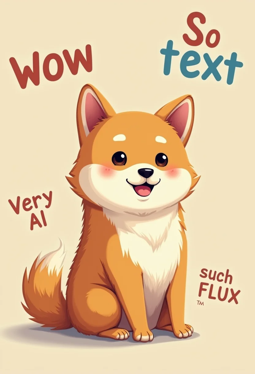 A shiba inu sitting, "Wow" text in top left, "So text" text in top right, "Much AI" text in left, "Very" text at right, "How to render" text at bottom left, "such FLUX" text at bottom right