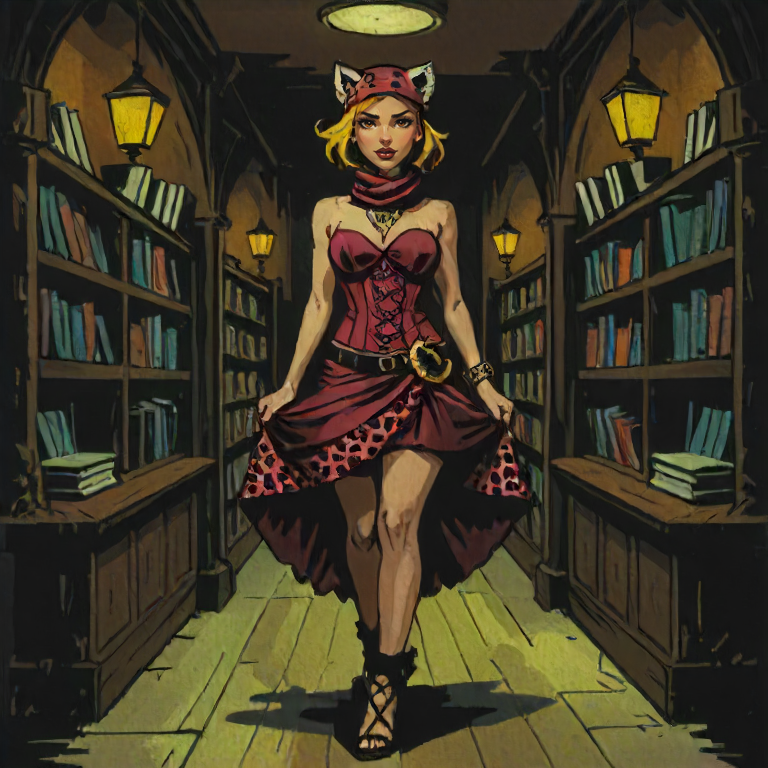 <lora:DarkestDungeon_XL002:0.75> DarkestDungeon,  <lora:DarkestDungeon_XL003:0.58>, female  Sylph  wearing Burgundy Lycra Animal print High-low hem skirt and Caramel Polyester Zigzag Corset top and Mules and Sun visor and Scarf ring , BREAK A lively bookstore, with cozy reading nooks and book lovers browsing the shelves.