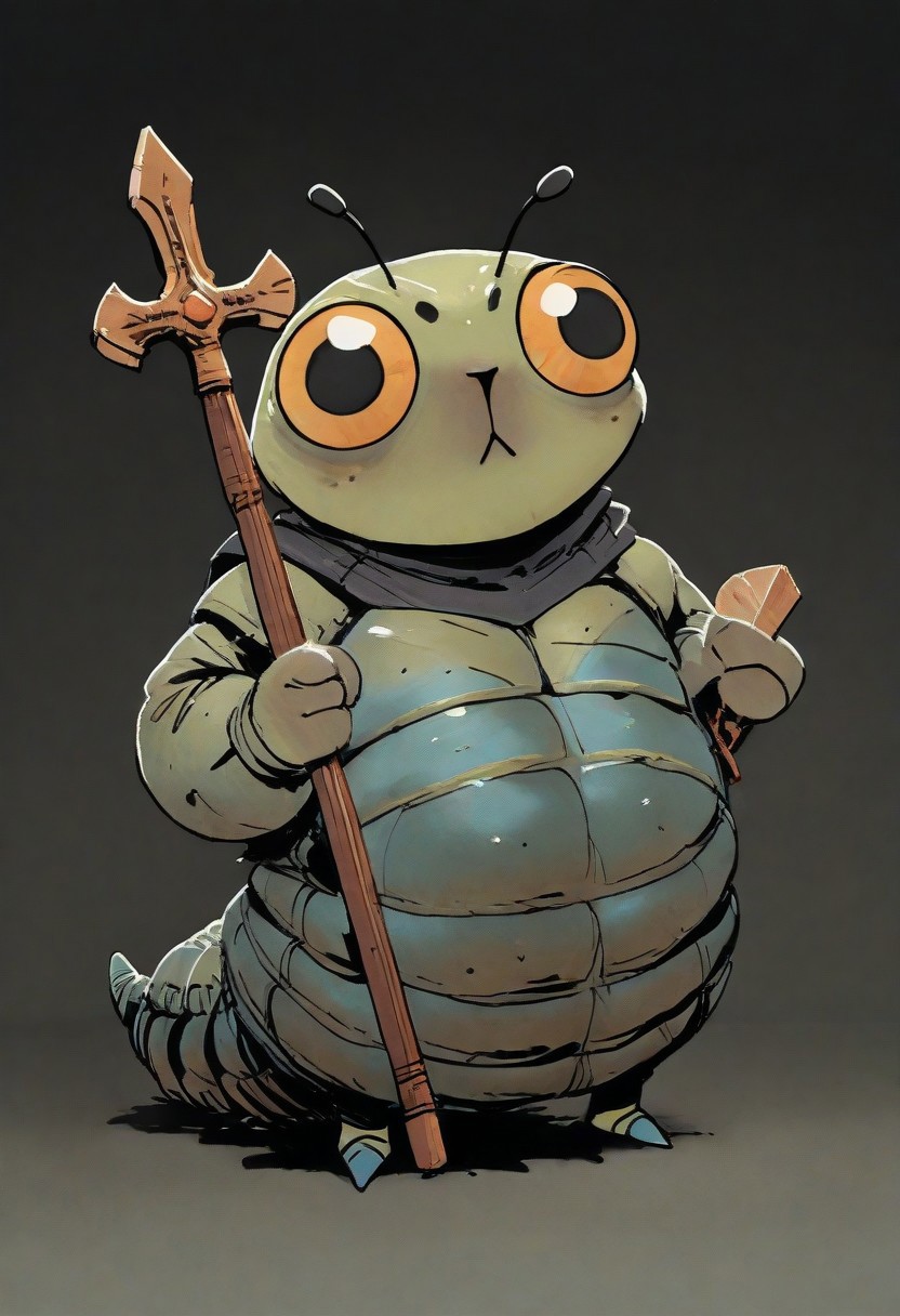 (masterpiece, best quality, high quality, highres), very awa, highres, absurdres, intricate detailed, 
ROOT, solo, full body, close to viewer, (no humans:1.1), eyes, 
1boy, (caterpillar:1.1), Bishop, holding, weapon, posing,