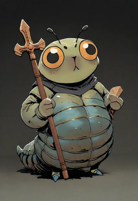 (masterpiece, best quality, high quality, highres), very awa, highres, absurdres, intricate detailed,
ROOT, solo, full body, close to viewer, (no humans:1.1), eyes,
1boy, (caterpillar:1.1), Bishop, holding, weapon, posing,