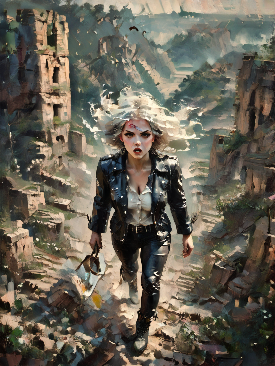 score_9, score_8_up, score_7_up, Fighting scene, shot from above, looking up against all odds, woman, pale skin, large breasts, Black leather jacket, black leather pants, black riding boots, white highlights, Shoulder length hair, unnatural haircolor, <lora:OilpaintIMP:1> 0cmtr1g, 0cm, 0cm1sc, 4rch, The fall of ancient power, the towers topple, the ruins return, and she remains,highly detailed