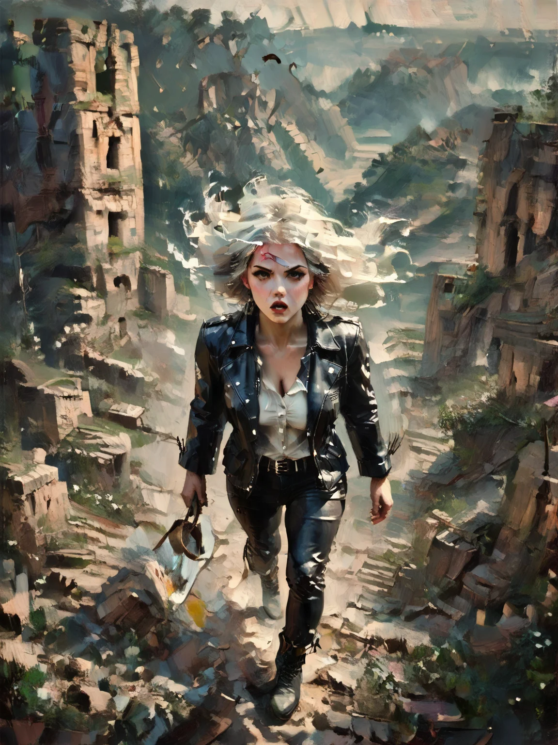 score_9, score_8_up, score_7_up, Fighting scene, shot from above, looking up against all odds, woman, pale skin, large breasts, Black leather jacket, black leather pants, black riding boots, white highlights, Shoulder length hair, unnatural haircolor, <lora:OilpaintIMP:1> 0cmtr1g, 0cm, 0cm1sc, 4rch, The fall of ancient power, the towers topple, the ruins return, and she remains,highly detailed