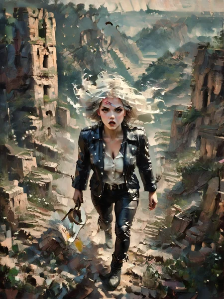 score_9, score_8_up, score_7_up, Fighting scene, shot from above, looking up against all odds, woman, pale skin, large breasts, Black leather jacket, black leather pants, black riding boots, white highlights, Shoulder length hair, unnatural haircolor, <lora:OilpaintIMP:1> 0cmtr1g, 0cm, 0cm1sc, 4rch, The fall of ancient power, the towers topple, the ruins return, and she remains,highly detailed