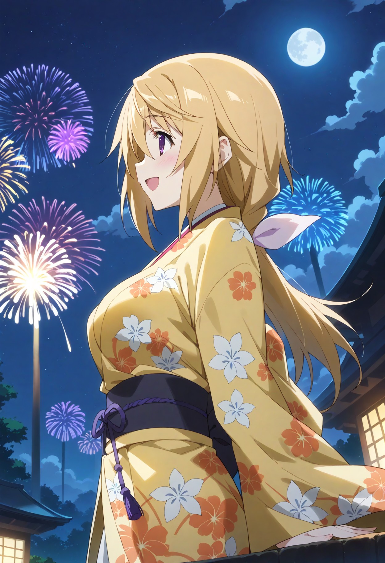 score_9, score_8_up, score_7_up, source_anime, masterpiece, best quality,perfect anatomy,rating_sage,charl, other,yellow flower print kimono,large breasts,blush,tareme,drooping eyes,shiny skin,outdoors,night,moon,fireworks,starry sky,,dynamic angle,dutch angle,solo focus,side view,smile,happy,looking up <lora:charl.pony:1>