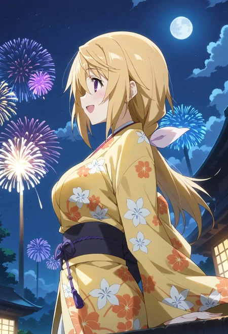 score_9, score_8_up, score_7_up, source_anime, masterpiece, best quality,perfect anatomy,rating_sage,charl, other,yellow flower print kimono,large breasts,blush,tareme,drooping eyes,shiny skin,outdoors,night,moon,fireworks,starry sky,,dynamic angle,dutch angle,solo focus,side view,smile,happy,looking up <lora:charl.pony:1>