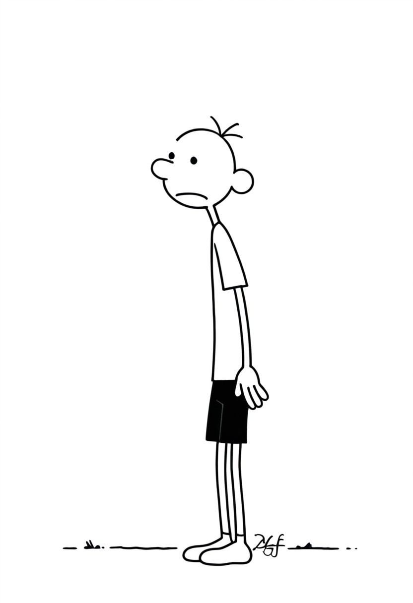 Greg_Heffley, 1boy, solo, white skin, black eyes, black hair, white shirt, black shorts, dot eyes, male focus, monochrome, signature, shorts, shirt, standing, from side, arms at sides, short sleeves, greyscale, full body
