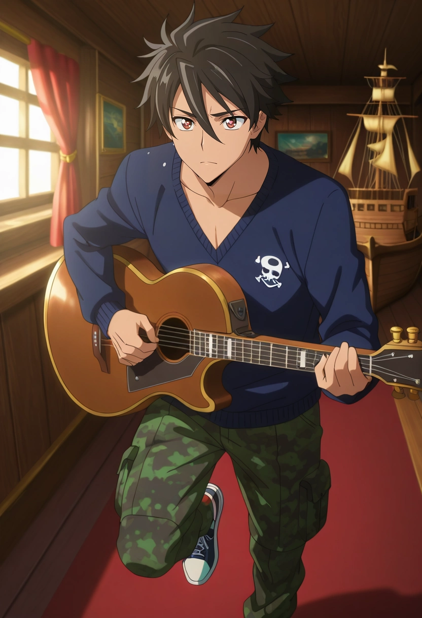 masterpiece, best quality, intricate details, anime screencap, , , , 1boy, solo, male focus, <lora:takashi_komuro_ilxl:0.92>, takashi_komuro, black hair, brown eyes, short hair, hair between eyes, panorama, pirate ship, indoors, light, holding instrument, heart eyes, Azure Georgette Polka dot Camo cargo pants, V-neck sweater, Sneakers, ,