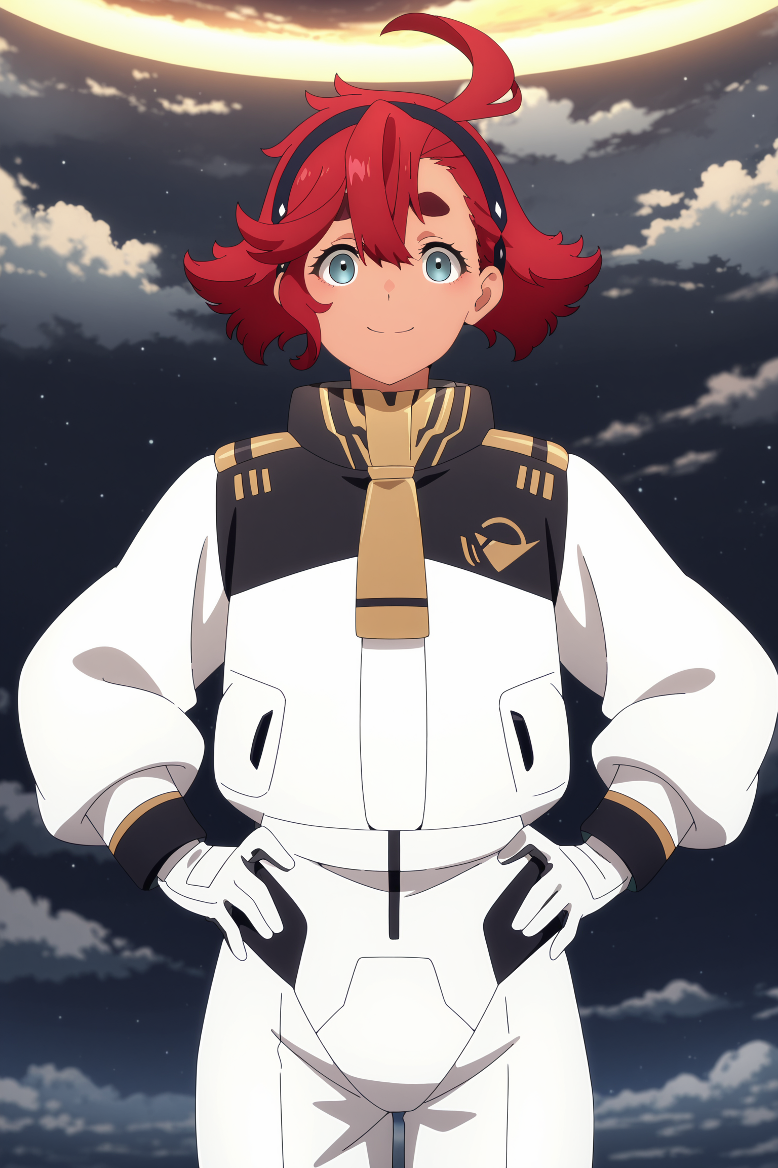 anime screencap, anime coloring, detailed face, masterpiece, best quality, very aesthetic, absurdres, volumetric lighting,
 <lora:Suletta_Mercury_Mobile_Suit_Gundam_The_Witch_from_Mercury:1>
in outer space,
Suletta white and gold uniform (outfit), Suletta Mercury (character), 1girl, suletta mercury, red hair, hairband, ahoge, black hairband, solo, normal suit, thick eyebrows, spacesuit, hair between eyes, cloud, sky, blue eyes, confident smile, looking at the viewer, hands on hips