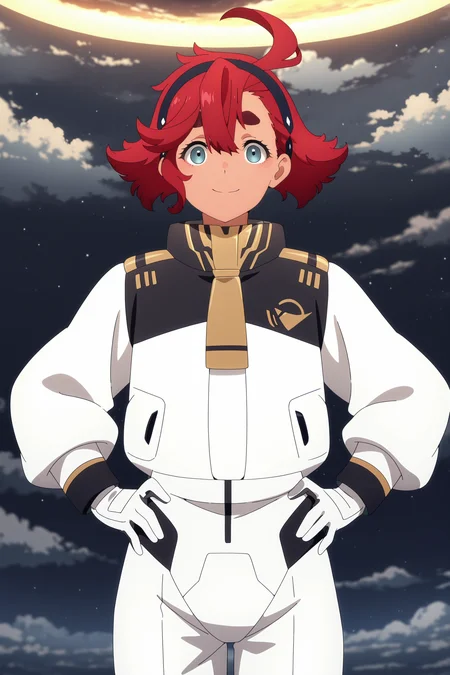 anime screencap, anime coloring, detailed face, masterpiece, best quality, very aesthetic, absurdres, volumetric lighting,
 <lora:Suletta_Mercury_Mobile_Suit_Gundam_The_Witch_from_Mercury:1>
in outer space,
Suletta white and gold uniform (outfit), Suletta Mercury (character), 1girl, suletta mercury, red hair, hairband, ahoge, black hairband, solo, normal suit, thick eyebrows, spacesuit, hair between eyes, cloud, sky, blue eyes, confident smile, looking at the viewer, hands on hips