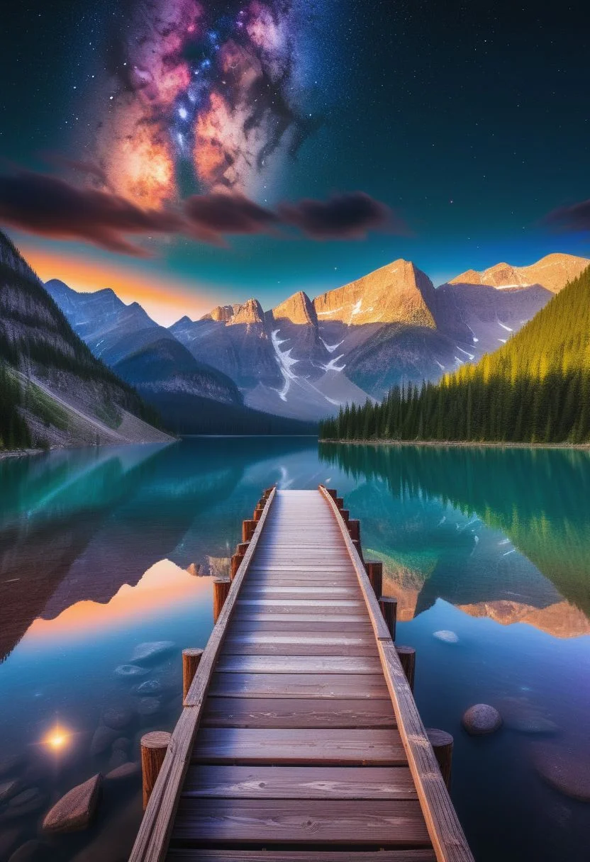 A stunning, high-resolution nightscape showcasing the natural beauty of the USA. The scene captures a picturesque lake with crystal-clear waters, surrounded by lush green forests and towering mountains in the distance. The sky is a vibrant blend of warm oranges, purples, and blues, with a crescent moon and stars twinkling overhead. In the foreground, a wooden bridge stretches across the water, with its wooden planks reflecting in the calm surface.