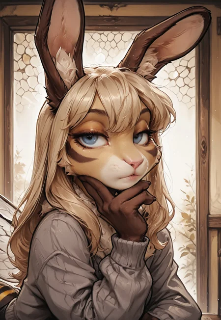 Highly detailed, fine fur detail, best quality, masterpiece, very aesthetic, absurdres, semirealistic, detailed face, solo, Lita, furry bunny_bee, blue eyes, pink nose, rabbit nose, bee_wings, bent ears, sidelocks, long hair, knitted sweater, grey sweater, close up, torso out of frame, looking at viewer, hand to chin, resting, bored,