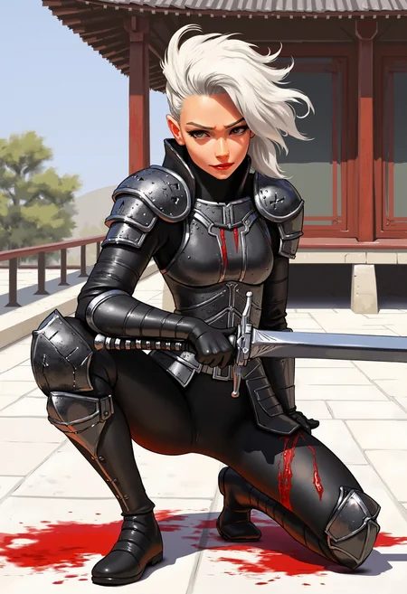 SamYoung_Illustration,
"A cel-shaded depiction of a battle-hardened female warrior in ornate black and silver armor, her pale hair streaked with blood and her expression filled with steely resolve. She crouches slightly, her weight shifted onto one leg, with her sword held horizontally in front of her, its blade reflecting the light. Her left arm is raised defensively, and her hair falls messily over her face. The background reveals a temple courtyard under a pale sky, with cel shading bringing out the intricate designs of her armor and the sharp contrast of blood against metal."
 <lora:FluxDFaeTasticDetails:0.2> <lora:SamYoung_Illustration:0.8>
