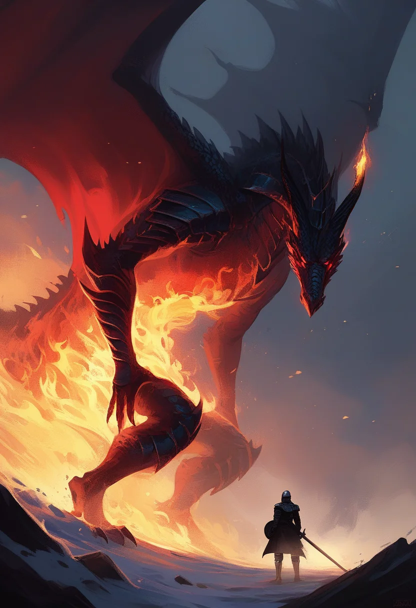 zPDXL3, Highly detailed and dramatic digital artwork featuring an epic confrontation between a knight and a dragon, set in a snowy but volcanic landscape under a dark, ominous sky. Mystical Rock dragon, towering and menacing, has glowing red eyes and fiery breath, casting an intense thunderous yellow glows that contrasts with the cold blue tones of the environment. The knight wears colorful patriotic armor, volcanic sword and a protective shield, ready to for battle in an aggressive pose. The composition is dynamic, with the dragon's massive form dominating the background, while the knight is positioned in the foreground, creating a sense of scale and tension. The use of light and shadow enhances the dramatic atmosphere, with red embers floating through the air, adding to the sense of impending conflict