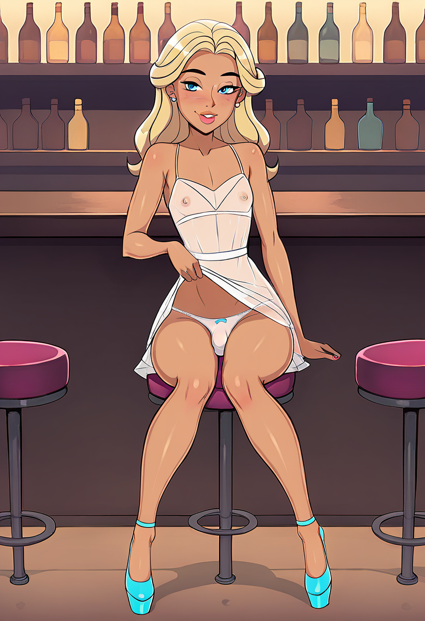 score_9, score_8_up, score_7_up, surce_6_up, <lora:Meego_Style_PDXL:0.9> meegoxl, cartoon style, androgynous dark-skinned, girly details, pretty femboy, blonde hair, lush long hair, blue eyes, feminine brown skin body, (flat chest), (small breasts), bulge on panties, erection under the clothes, panties, dress lift, sexy pose, looking at viewer, (white see-through lacy haltertop dress), high heels, sitting on a stool, bar,