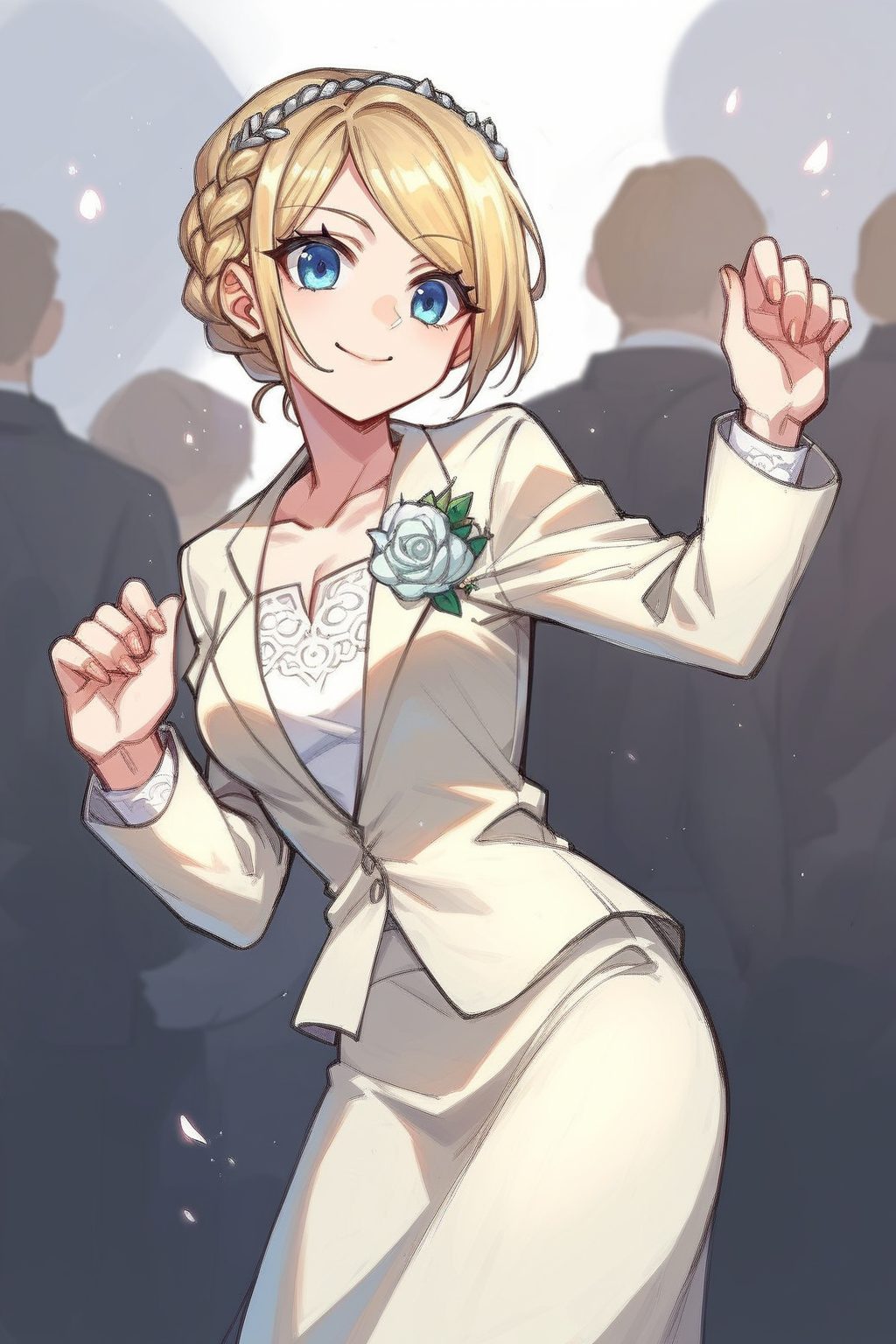 absurdres,high quality,score_9, score_8_up, score_7_up, score_6_up, score_5_up, score_4_up, source_anime,edgCosette,braid,suit,  skirt, blonde hair, smile
 <lora:edgCosettePony:1>