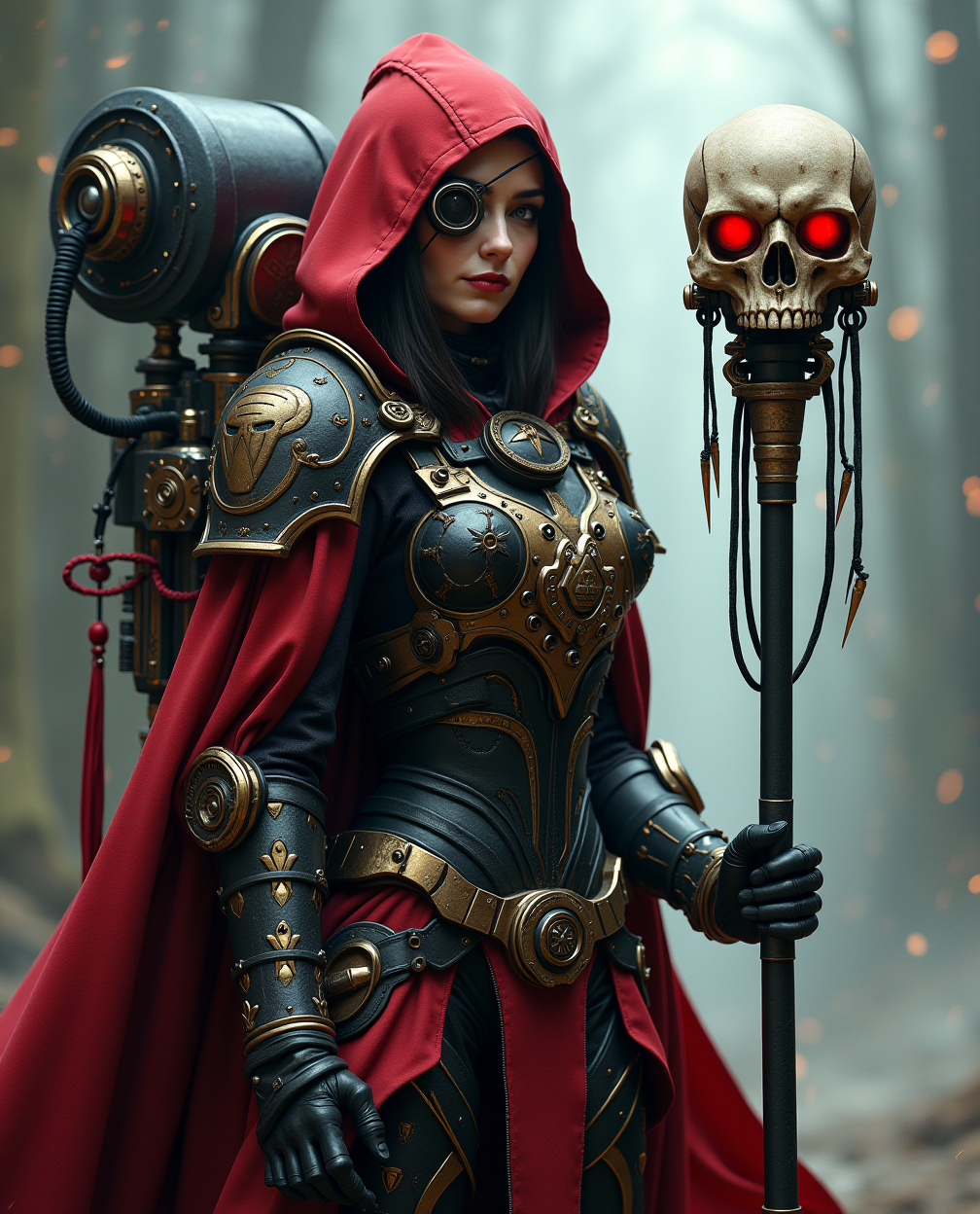 Portrait of a tech-priest in a grimdark futuristic setting, wearing a red hooded robe adorned with skull symbols and mechanical gear. She wields a large techno-mace with an industrial design, incorporating cogwheels and spikes. Her armor is black and gold, adorned with gothic elements such as skulls and purity seals. Her right eye is replaced by a cybernetic monocle, connected by cables to her mechanical backpack. A floating skull with glowing red eyes hovers beside her, attached to a servo-arm. The overall mood is dark, mechanical, and gothic, with intricate machinery details and a powerful, stoic expressionp, cinematic, global illumination, dramatic, tearing the sky, atmospheric haze, cinematic composition, soft shadows, vaporous swirls,amazing quality, masterpiece, best quality, hyper detailed, ultra detailed, UHD, perfect anatomy, hyper-realism, majestic, awesome, inspiring