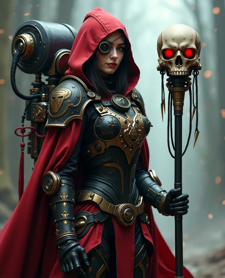 Portrait of a tech-priest in a grimdark futuristic setting, wearing a red hooded robe adorned with skull symbols and mechanical gear. She wields a large techno-mace with an industrial design, incorporating cogwheels and spikes. Her armor is black and gold, adorned with gothic elements such as skulls and purity seals. Her right eye is replaced by a cybernetic monocle, connected by cables to her mechanical backpack. A floating skull with glowing red eyes hovers beside her, attached to a servo-arm. The overall mood is dark, mechanical, and gothic, with intricate machinery details and a powerful, stoic expressionp, cinematic, global illumination, dramatic, tearing the sky, atmospheric haze, cinematic composition, soft shadows, vaporous swirls,amazing quality, masterpiece, best quality, hyper detailed, ultra detailed, UHD, perfect anatomy, hyper-realism, majestic, awesome, inspiring