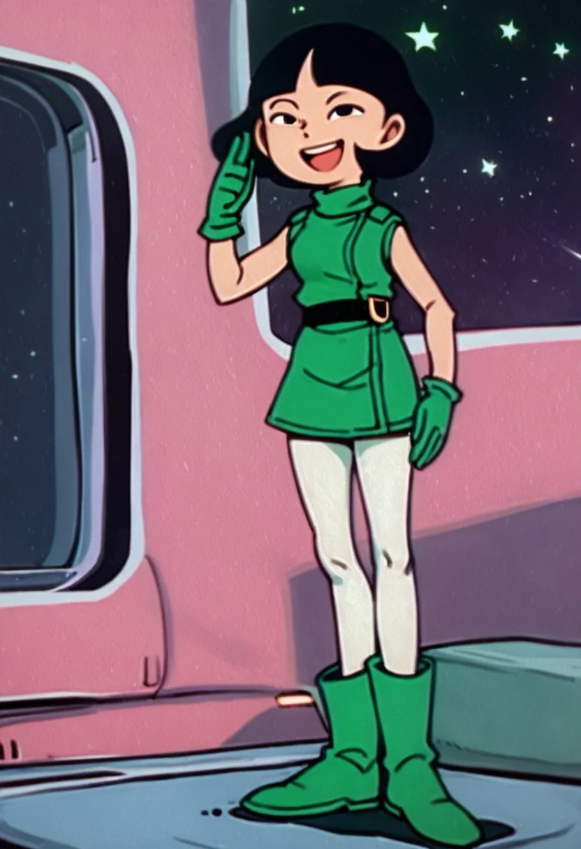 score_9, score_8_up, score_7_up BREAK LeeLeeDL, 1girl, black hair, bob cut, blunt bangs, black eyes, white tights, open mouth smile, thumbs up, solo, solo focus, full body, green uniform, turtleneck, sleeveless, green gloves, green belt, white leggings, green boots, anime, salute, spaceship, stars,