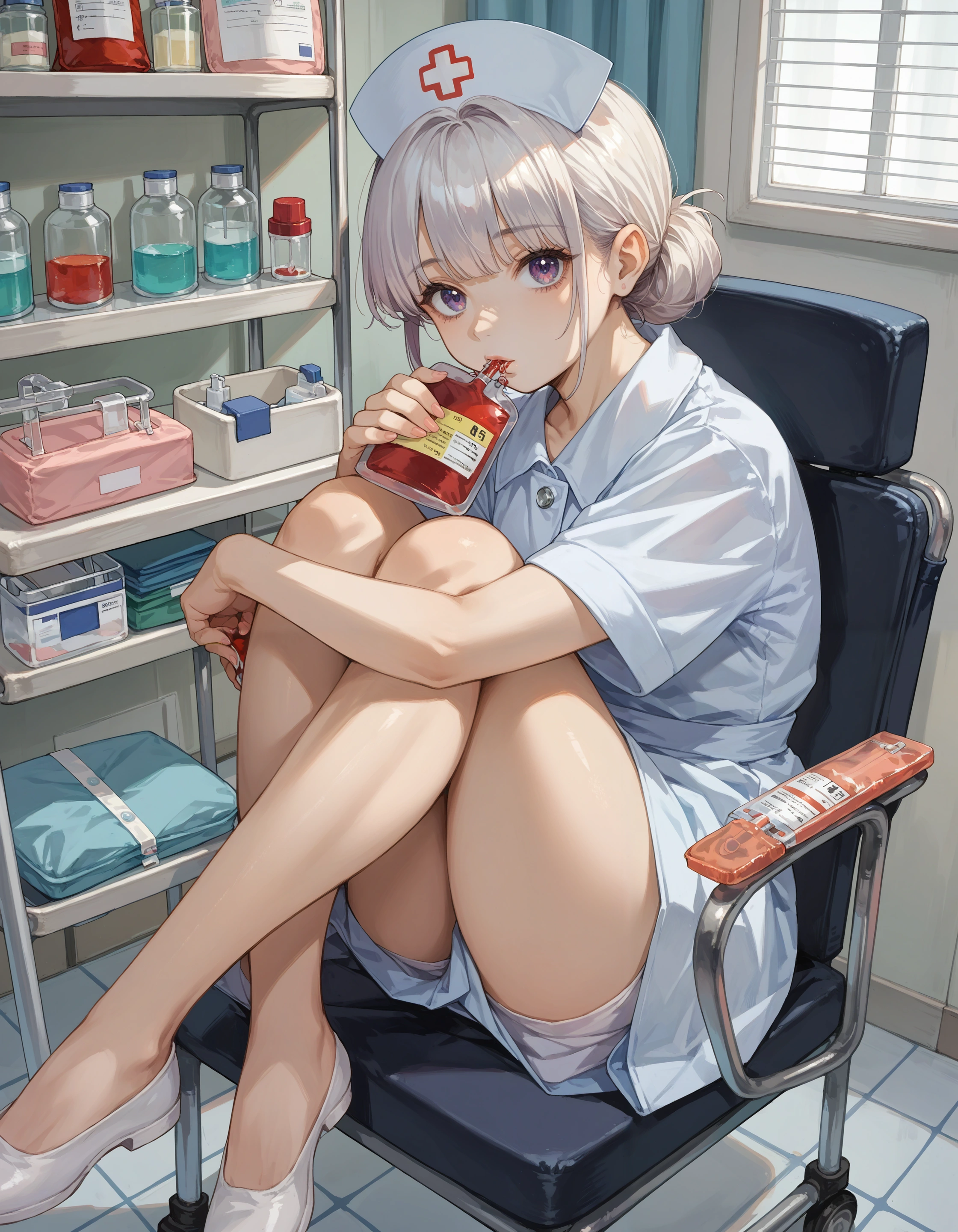 score_9, score_8_up, score_7_up, source_anime,
1girl, nurse,
drinking, blood bag,
hospital, sitting, hugging own legs, chair, shelf
<lora:concept_bloodbagdrink-pony:1>