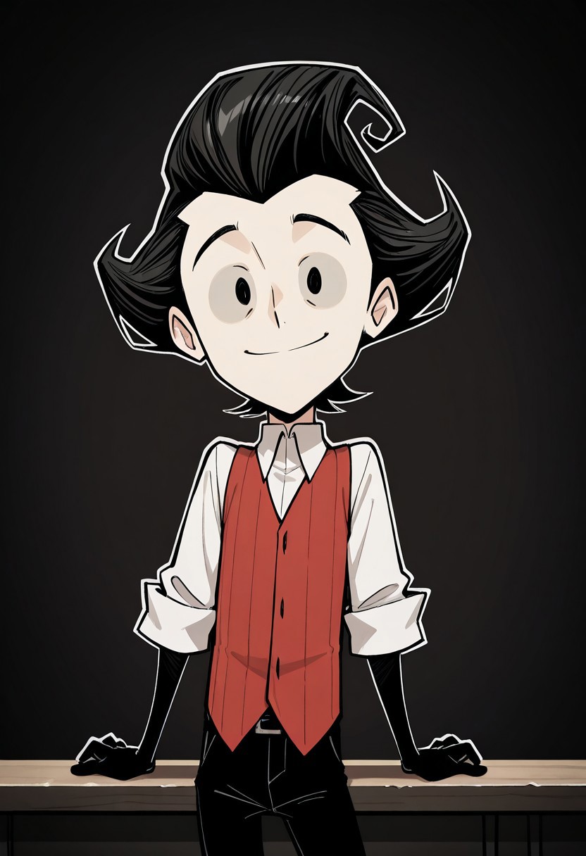 score_9, score_8_up, score_7_up, masterpiece, best quality, amazing quality, Wilson Higgsbury, 1boy, solo, black eyes, red sweater vest, white shirt, collared shirt, long black gloves, black pants, black shoes, black hair, smile, upper body, looking at viewer