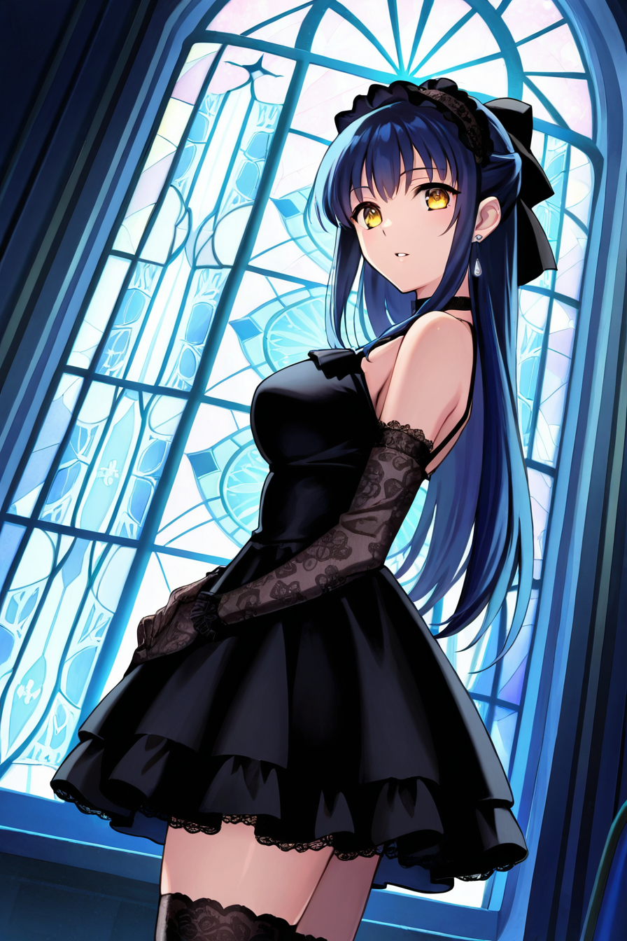 (masterpiece, best quality, game cg,highly_detailed,extremely_detailed_CG_unity_8k_wallpaper,illustration,highres,absurdres:1.2),1girl,solo,<lora:Anna_Kurashiki:1>blue hair,long hair,hair bangs,half updo,yellow eyes,black bow,gothic,tiny earring ,choker ,headdress,black ruffle dress ,zettai_ryouiki ,black thighhigh ,black lace gloves,long gloves,standing in front of a stained glass window ,parted lips ,looking at viewer,night,from side ,cowboy shot,dutch angle