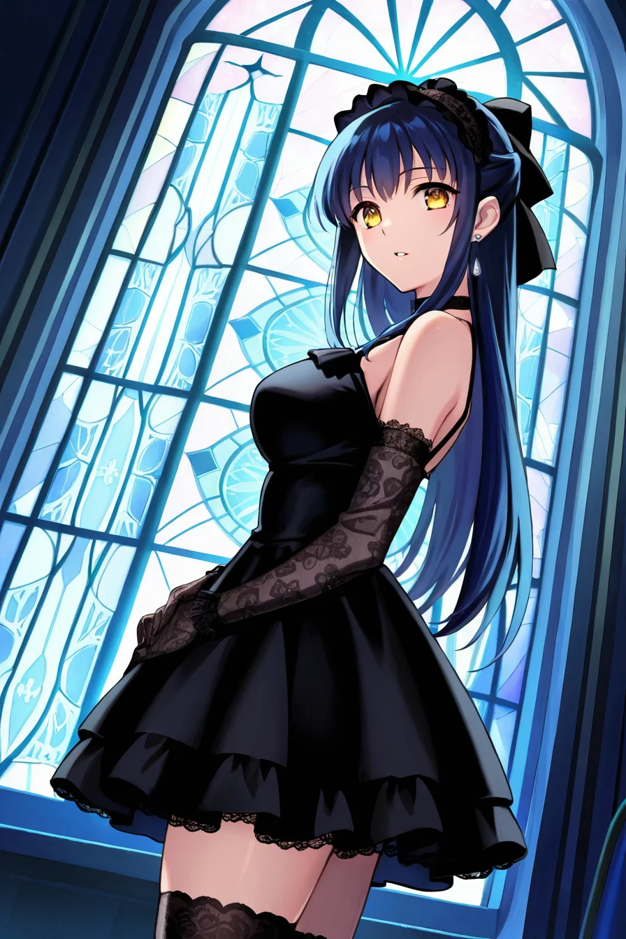 (masterpiece, best quality, game cg,highly_detailed,extremely_detailed_CG_unity_8k_wallpaper,illustration,highres,absurdres:1.2),1girl,solo,<lora:Anna_Kurashiki:1>blue hair,long hair,hair bangs,half updo,yellow eyes,black bow,gothic,tiny earring ,choker ,headdress,black ruffle dress ,zettai_ryouiki ,black thighhigh ,black lace gloves,long gloves,standing in front of a stained glass window ,parted lips ,looking at viewer,night,from side ,cowboy shot,dutch angle