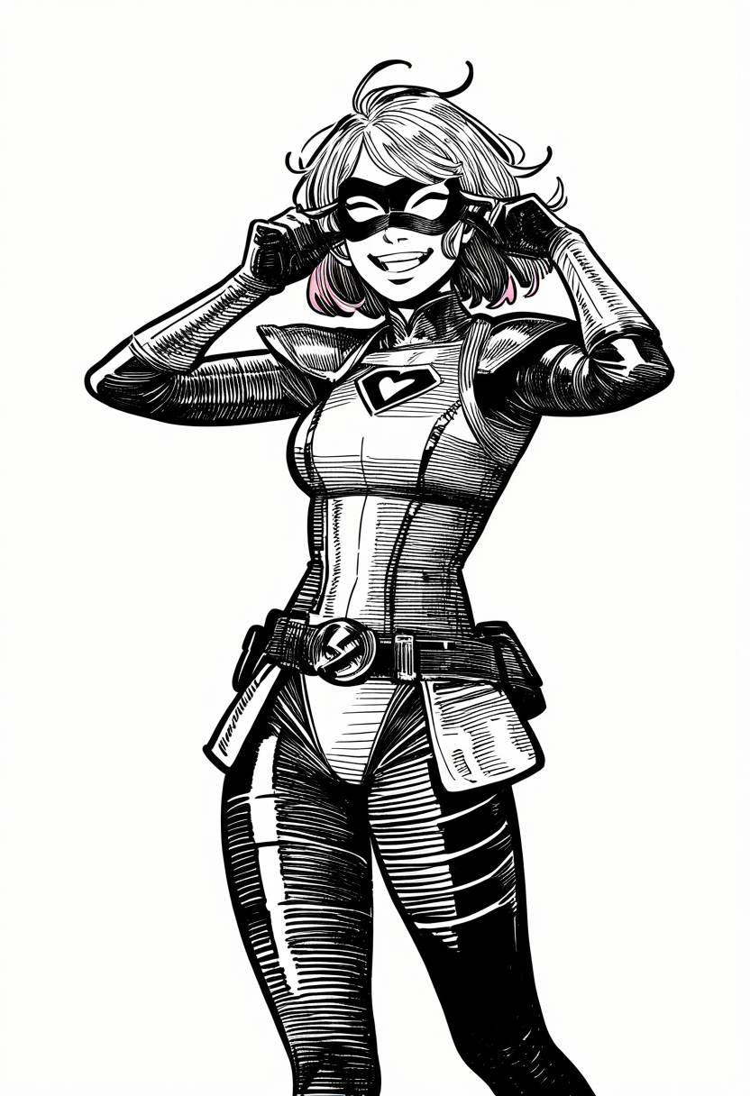 1girl, superhero-costume, magical-girl, armor, belt, shoulder-pad, eye-mask, medium-hair, pink-hair, cowboy-shot, very awa, masterpiece, best quality, newest, absurdres, highres, monochrome 