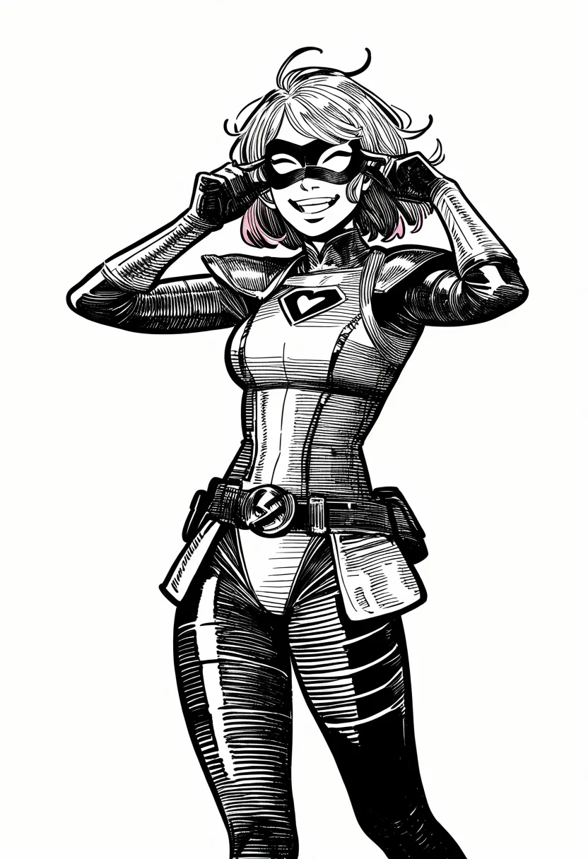 1girl, superhero-costume, magical-girl, armor, belt, shoulder-pad, eye-mask, medium-hair, pink-hair, cowboy-shot, very awa, masterpiece, best quality, newest, absurdres, highres, monochrome