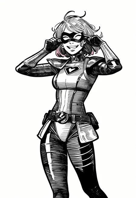 1girl, superhero-costume, magical-girl, armor, belt, shoulder-pad, eye-mask, medium-hair, pink-hair, cowboy-shot, very awa, masterpiece, best quality, newest, absurdres, highres, monochrome