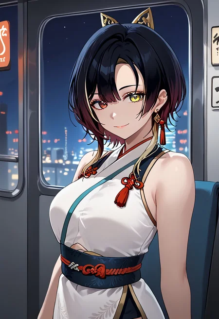 1girl, solo, solo focus, highres, absurdres, LokiDef, multicolored hair, black hair, yellow eyes, jewelry, earrings, bangs, red eyes, heterochromia, short hair, gradient hair,
tassel, sash, obi, sleeveless, bare arms,
looking at viewer, head tilt, light smile, 
train interior, window, cityscape, night, night sky, neon lights, shade, backlighting,