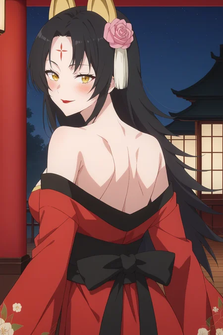 score_9, score_8_up, score_7_up, source_anime, 1girl, prefect lighting, very aesthetic, intricate details, highly detailed background, masterpiece, high quality, prefect hands, best quality, solo,
<lora:Magino_2.5_Dimensional_Seduction_V1:.85>, KJOmagino, black hair, yellow eyes, forehead mark, long hair, parted bangs, red lipstick, animal ears,
hanfu, red dress, bare shoulders, off shoulder, long sleeves, wide sleeves, black sash, hair flower,
smirk, looking back, blush, from behind, smug, upper body,
night, east asian architecture, wooden floor, outdoors,
(Beautiful, medium Breasts:1.2), natural breasts,