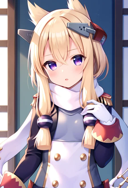 score_9, score_8_up, score_7_up, score_6_up, score_5_up, score_4_up, source_anime,
BREAK,
solo, 1girl, standing, looking at viewer,
scarf, white gloves, <lora:warspite_azurlane_ponyXL_v1:1> warspite \(azur lane\), blonde hair, long hair, purple eyes, sidelocks, headgear,