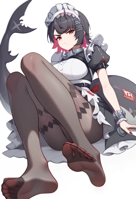 score_9,score_8_up,score_7_up,<lora:ellen_joe_pony:1>,feet,soles,highres,sitting,simple_background,nail_polish,frown,ellen_joe,maid_headdress,waist_apron,looking_at_viewer,md5_mismatch,black_pantyhose,black_dress,wrist_cuffs,thighs,fins,hairclip,frilled_apron,legs_up,no_shoes,v-shaped_eyebrows,1girl,full_body,puffy_short_sleeves,absurdres,frilled_dress,solo,maid_apron,closed_mouth,spiked_collar,large_breasts,white_background,ass,white_apron,:<, toes,